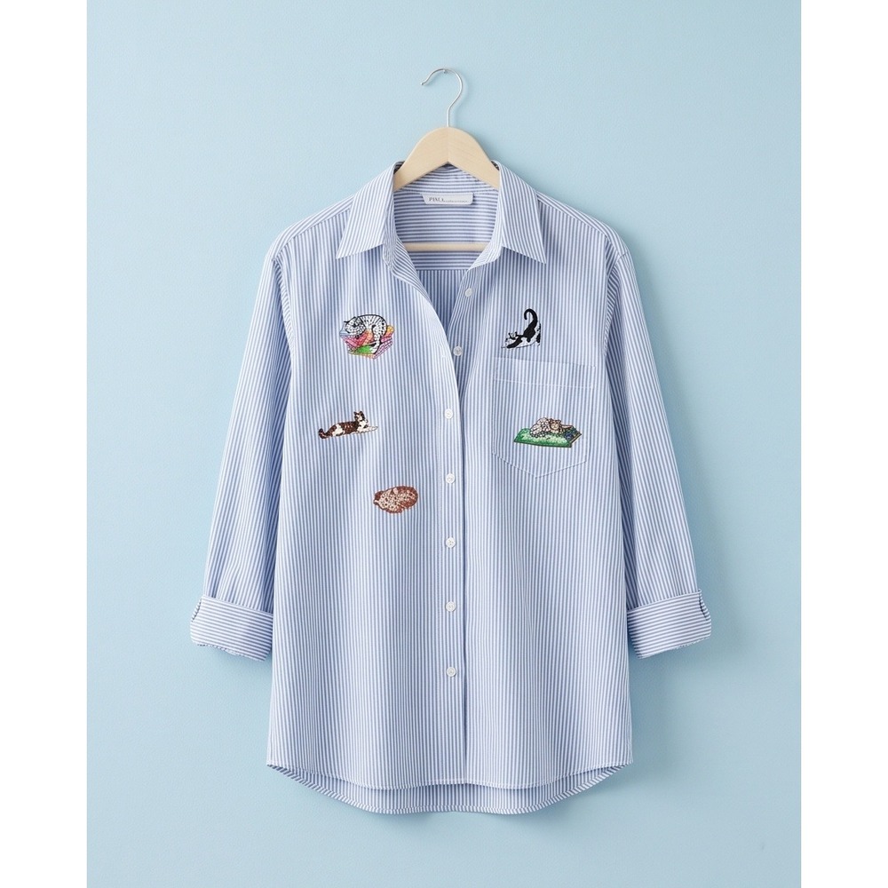 MiLi Designs L Vintage Blue Stripe Cat Embroidered Button Down Shirt Large